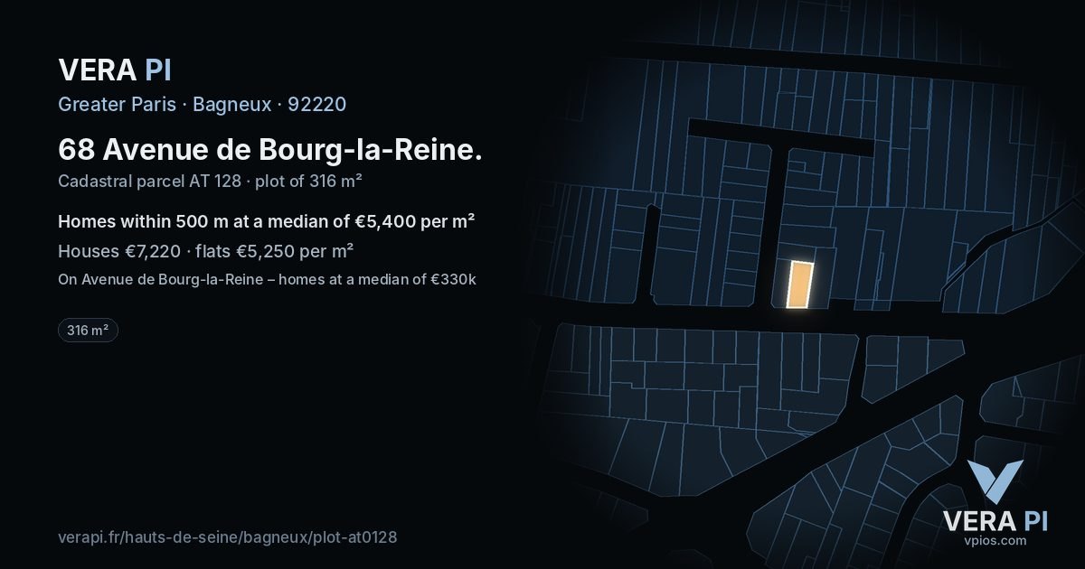 68 Avenue de Bourg-la-Reine, Bagneux at night – the plot lit, the parcels around coloured by the prices near them