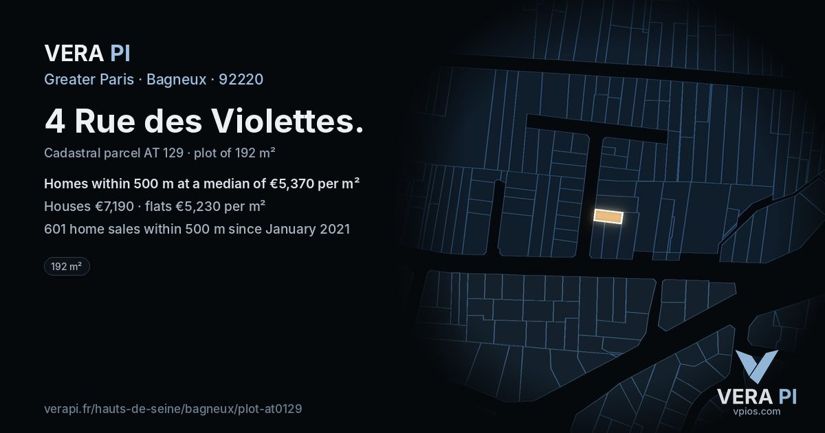 4 Rue des Violettes, Bagneux at night – the plot lit, the parcels around coloured by the prices near them