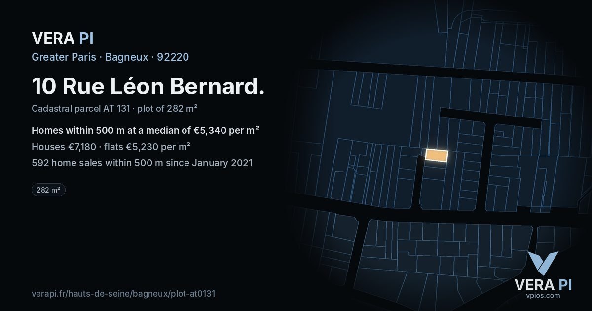 10 Rue Léon Bernard, Bagneux at night – the plot lit, the parcels around coloured by the prices near them