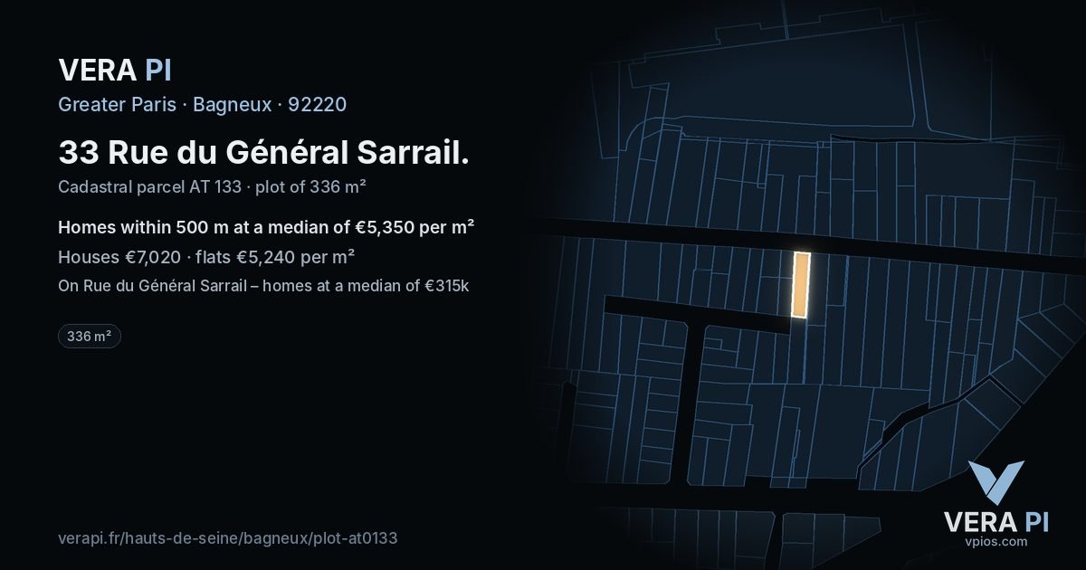 33 Rue du Général Sarrail, Bagneux at night – the plot lit, the parcels around coloured by the prices near them