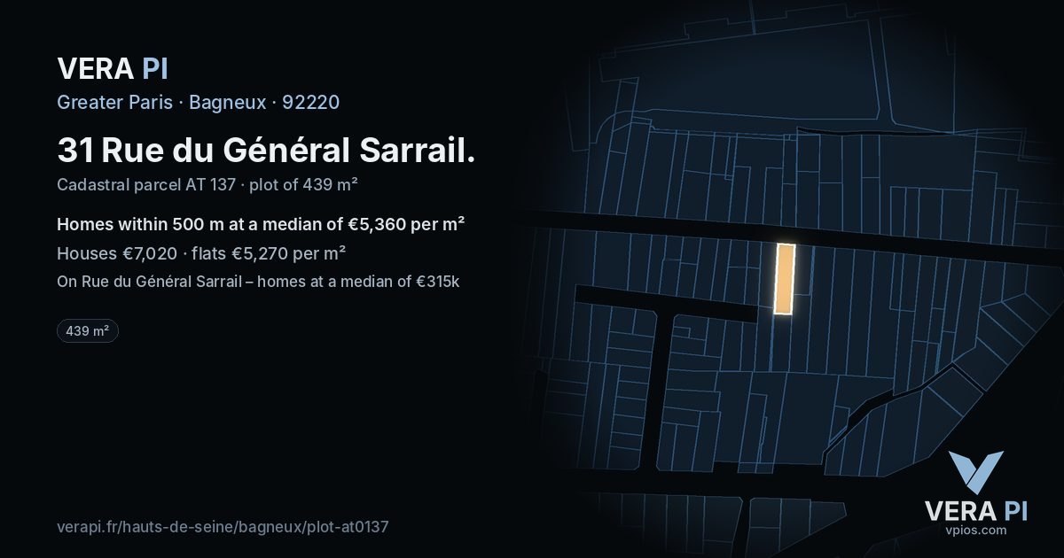 31 Rue du Général Sarrail, Bagneux at night – the plot lit, the parcels around coloured by the prices near them