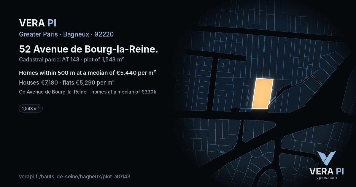 52 Avenue de Bourg-la-Reine, Bagneux at night – the plot lit, the parcels around coloured by the prices near them
