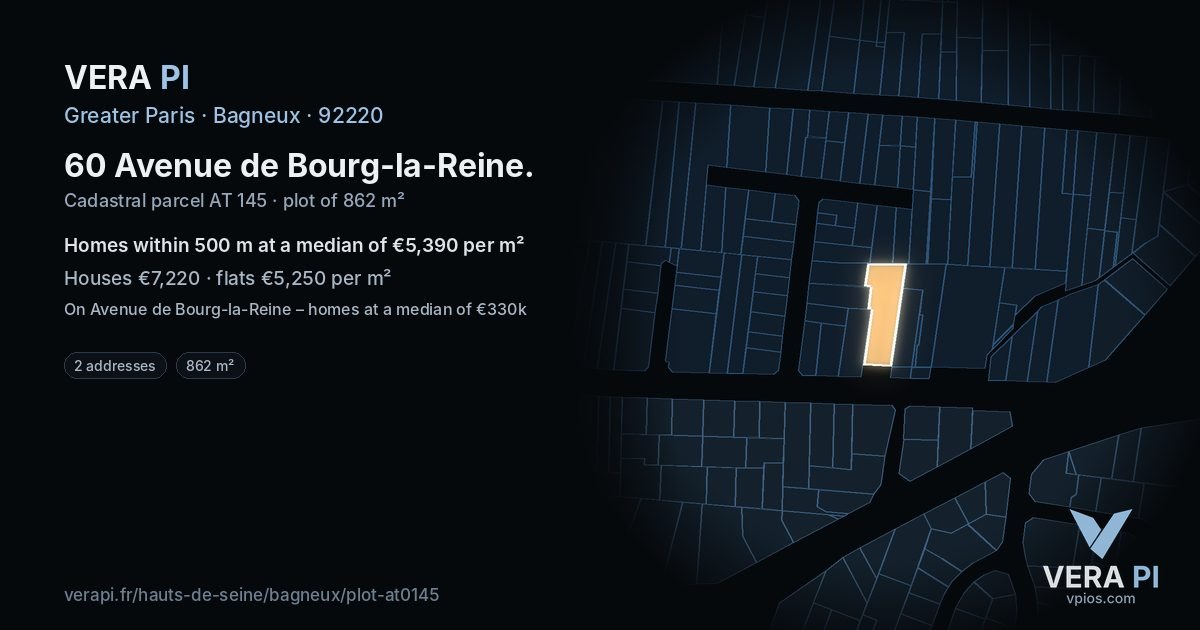 60 Avenue de Bourg-la-Reine, Bagneux at night – the plot lit, the parcels around coloured by the prices near them