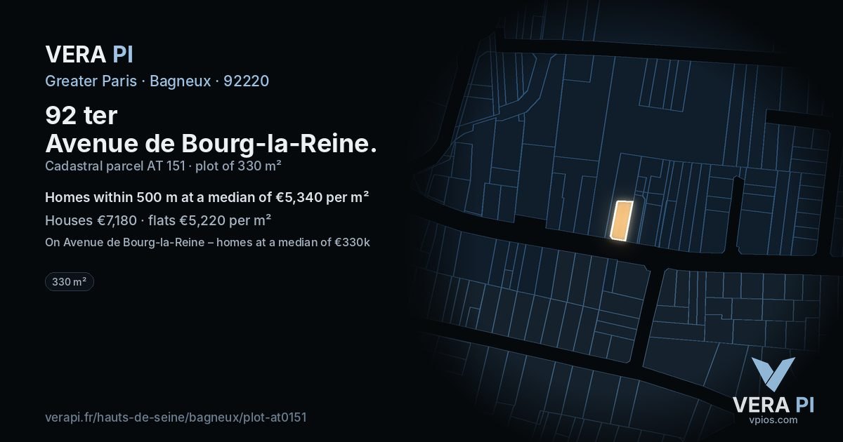 92 ter Avenue de Bourg-la-Reine, Bagneux at night – the plot lit, the parcels around coloured by the prices near them