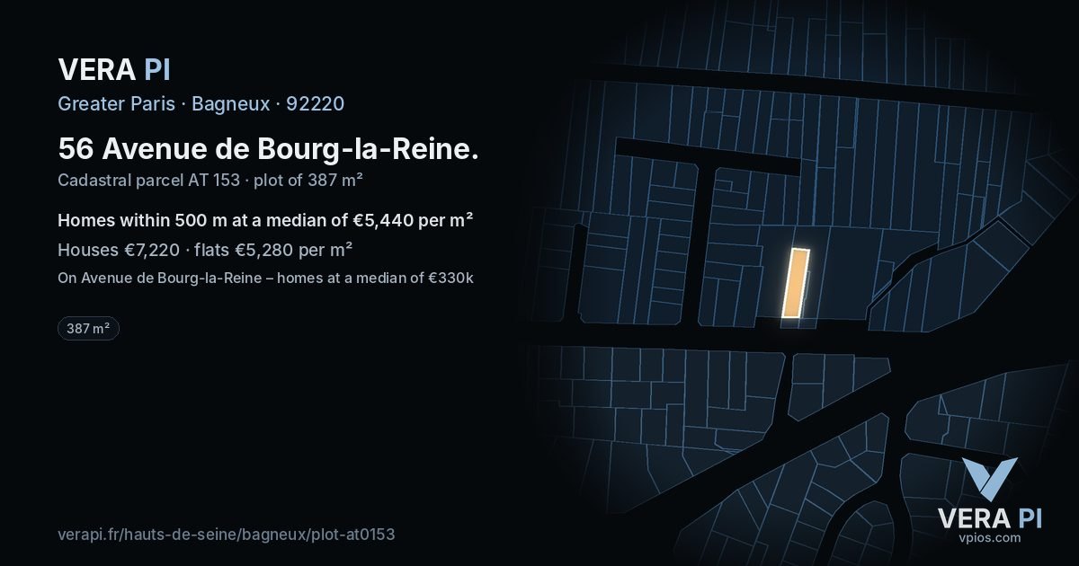 56 Avenue de Bourg-la-Reine, Bagneux at night – the plot lit, the parcels around coloured by the prices near them