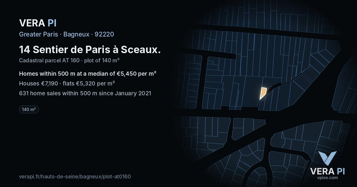 14 Sentier de Paris à Sceaux, Bagneux at night – the plot lit, the parcels around coloured by the prices near them