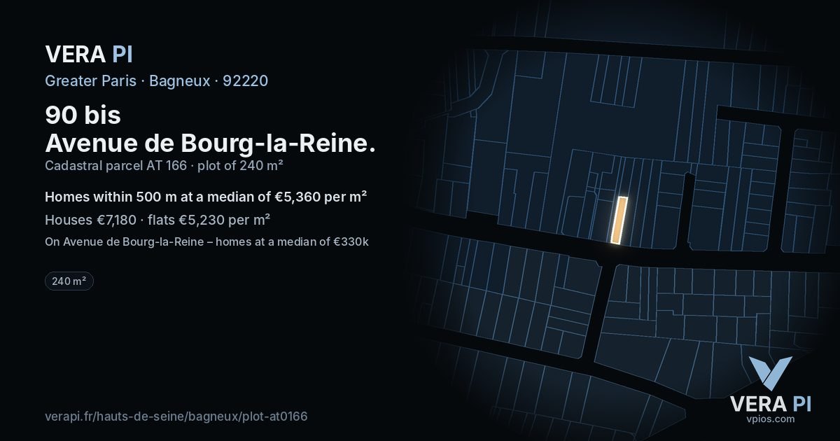 90 bis Avenue de Bourg-la-Reine, Bagneux at night – the plot lit, the parcels around coloured by the prices near them