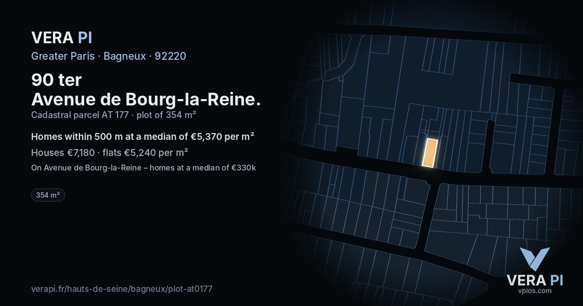 90 ter Avenue de Bourg-la-Reine, Bagneux at night – the plot lit, the parcels around coloured by the prices near them