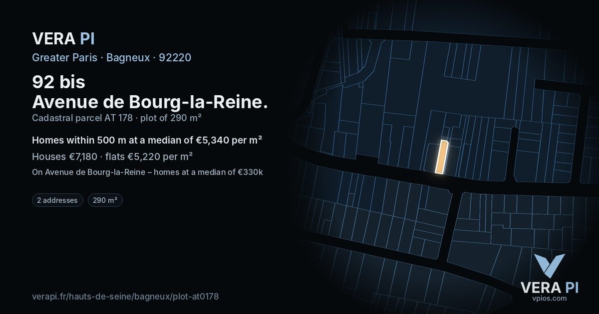 92 bis Avenue de Bourg-la-Reine, Bagneux at night – the plot lit, the parcels around coloured by the prices near them
