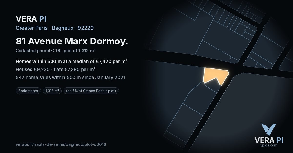 81 Avenue Marx Dormoy, Bagneux at night – the plot lit, the parcels around coloured by the prices near them