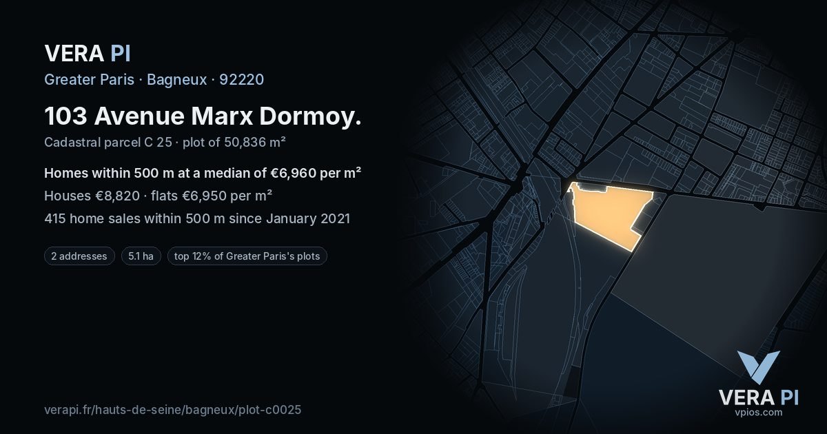 103 Avenue Marx Dormoy, Bagneux at night – the plot lit, the parcels around coloured by the prices near them