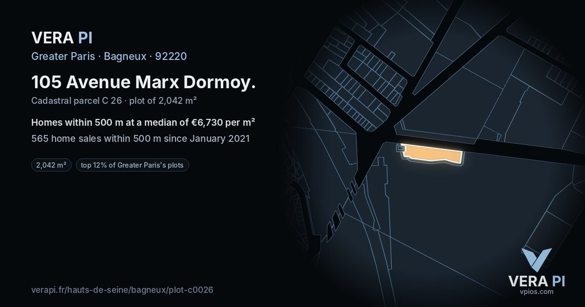 105 Avenue Marx Dormoy, Bagneux at night – the plot lit, the parcels around coloured by the prices near them