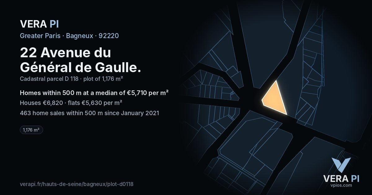 22 Avenue du Général de Gaulle, Bagneux at night – the plot lit, the parcels around coloured by the prices near them