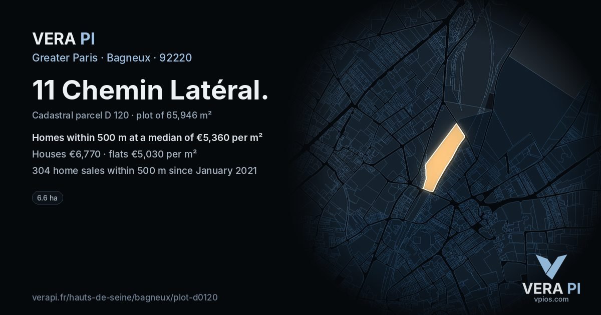 11 Chemin Latéral, Bagneux at night – the plot lit, the parcels around coloured by the prices near them