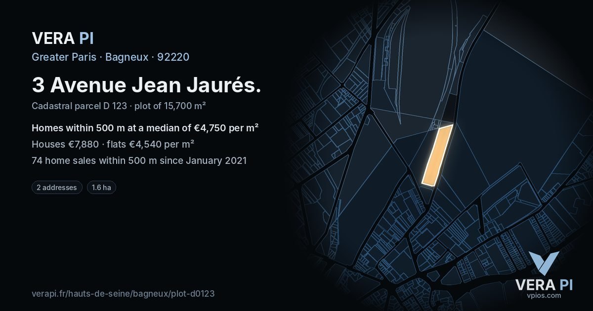 3 Avenue Jean Jaurés, Bagneux at night – the plot lit, the parcels around coloured by the prices near them