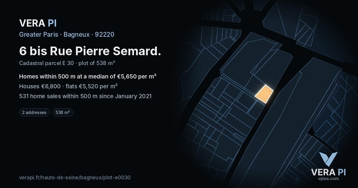 6 bis Rue Pierre Semard, Bagneux at night – the plot lit, the parcels around coloured by the prices near them