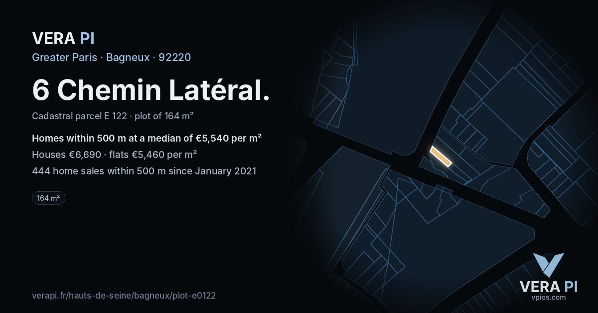 6 Chemin Latéral, Bagneux at night – the plot lit, the parcels around coloured by the prices near them