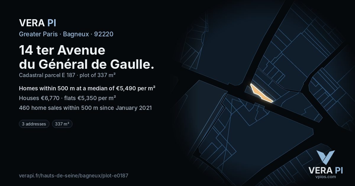 14 ter Avenue du Général de Gaulle, Bagneux at night – the plot lit, the parcels around coloured by the prices near them