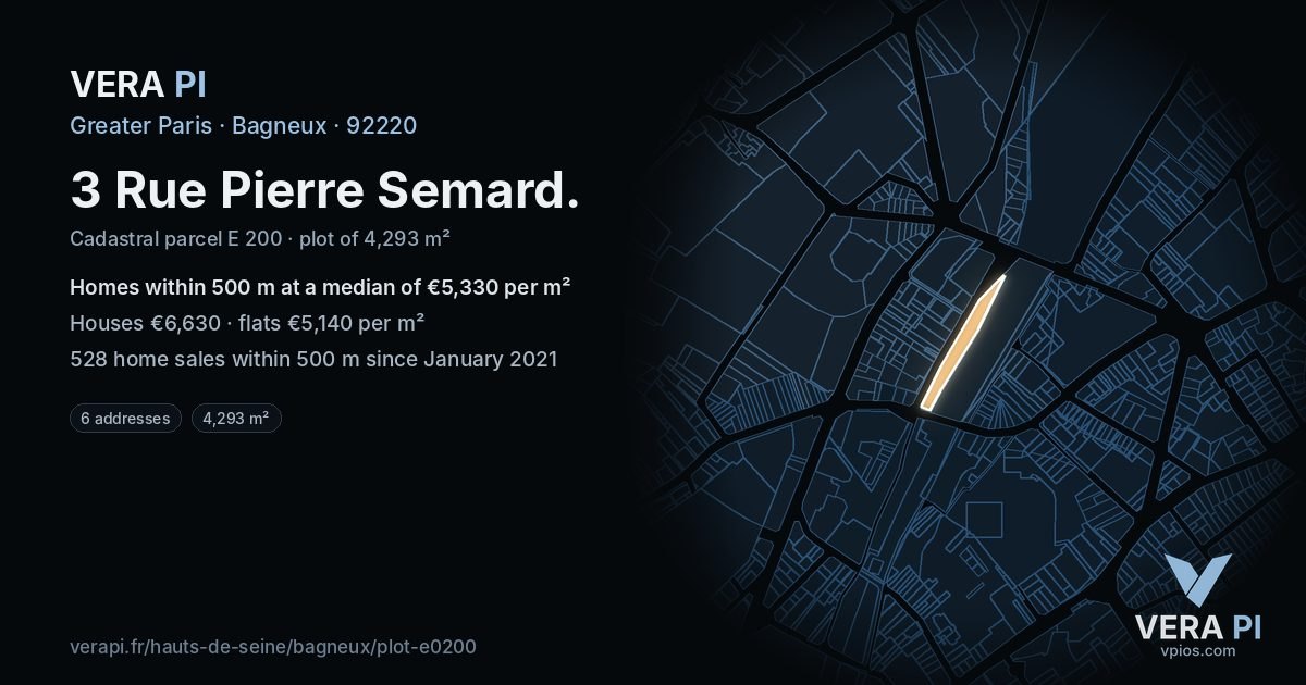 3 Rue Pierre Semard, Bagneux at night – the plot lit, the parcels around coloured by the prices near them