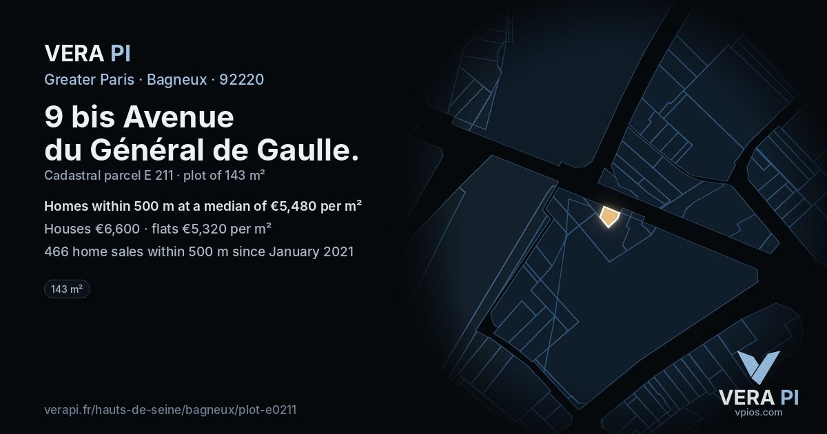 9 bis Avenue du Général de Gaulle, Bagneux at night – the plot lit, the parcels around coloured by the prices near them