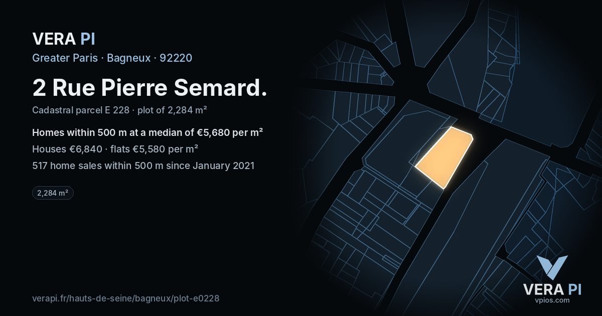 2 Rue Pierre Semard, Bagneux at night – the plot lit, the parcels around coloured by the prices near them
