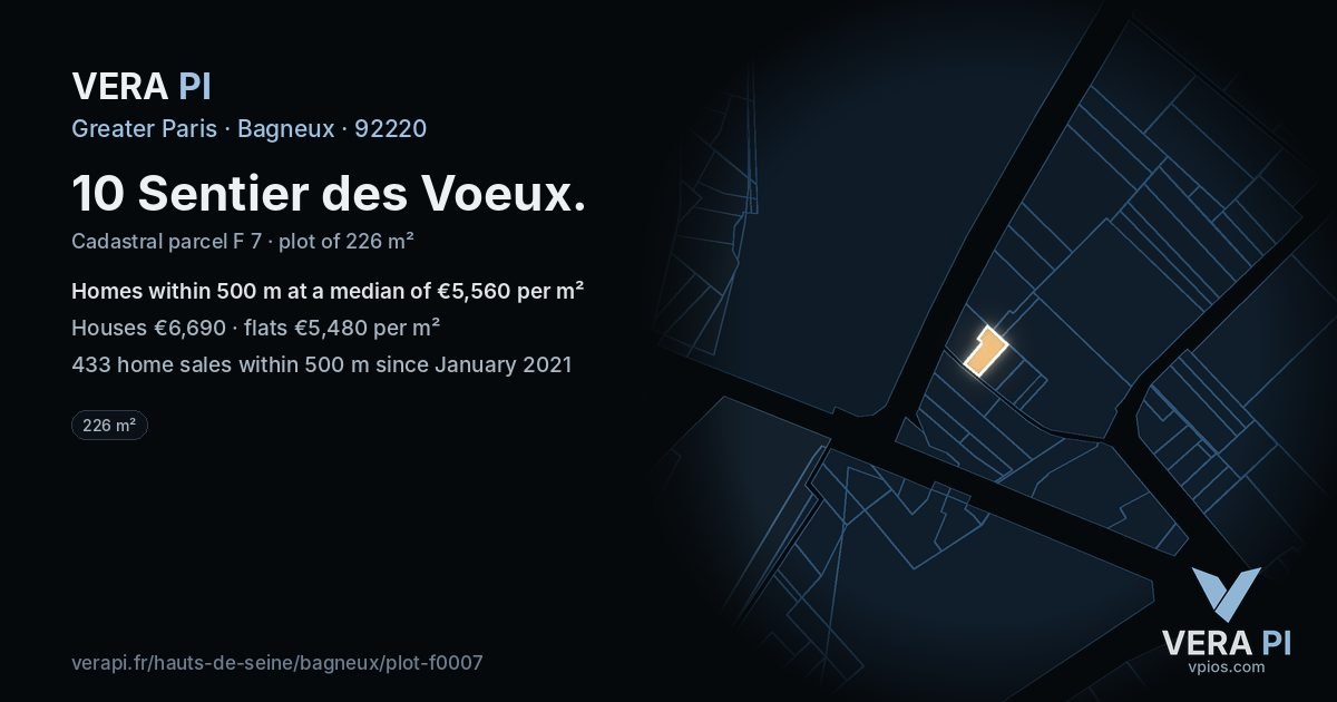 10 Sentier des Voeux, Bagneux at night – the plot lit, the parcels around coloured by the prices near them