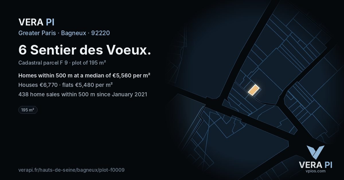 6 Sentier des Voeux, Bagneux at night – the plot lit, the parcels around coloured by the prices near them
