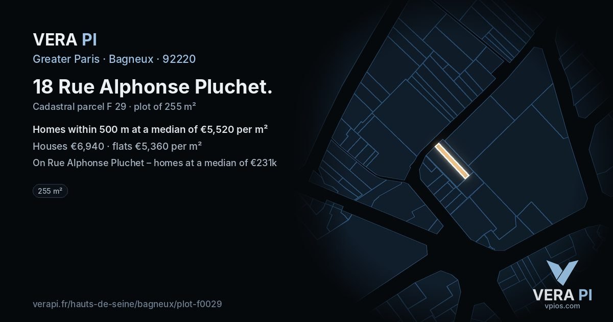 18 Rue Alphonse Pluchet, Bagneux at night – the plot lit, the parcels around coloured by the prices near them