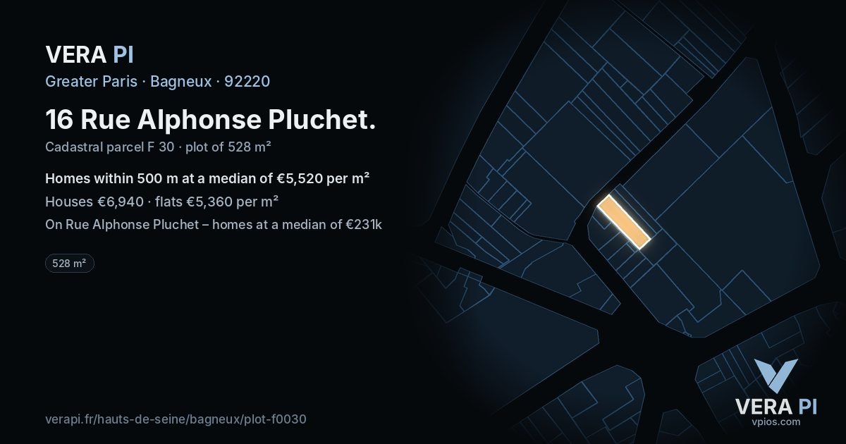 16 Rue Alphonse Pluchet, Bagneux at night – the plot lit, the parcels around coloured by the prices near them