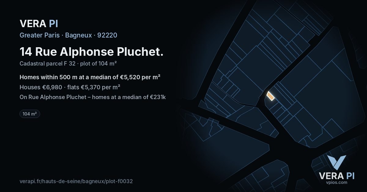 14 Rue Alphonse Pluchet, Bagneux at night – the plot lit, the parcels around coloured by the prices near them