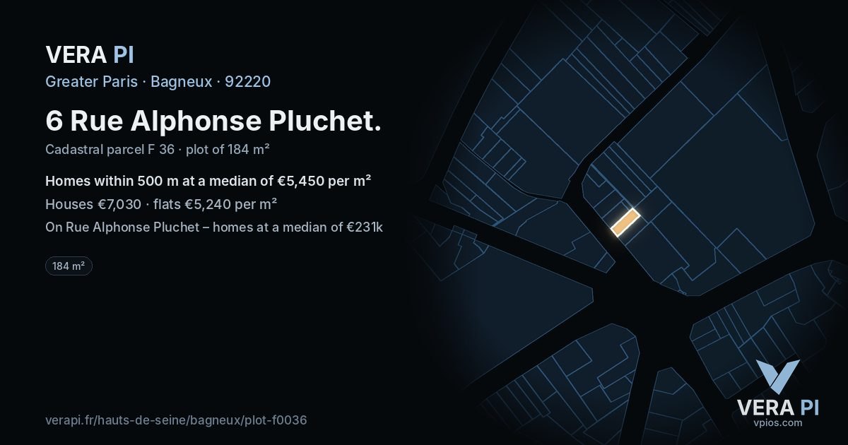 6 Rue Alphonse Pluchet, Bagneux at night – the plot lit, the parcels around coloured by the prices near them