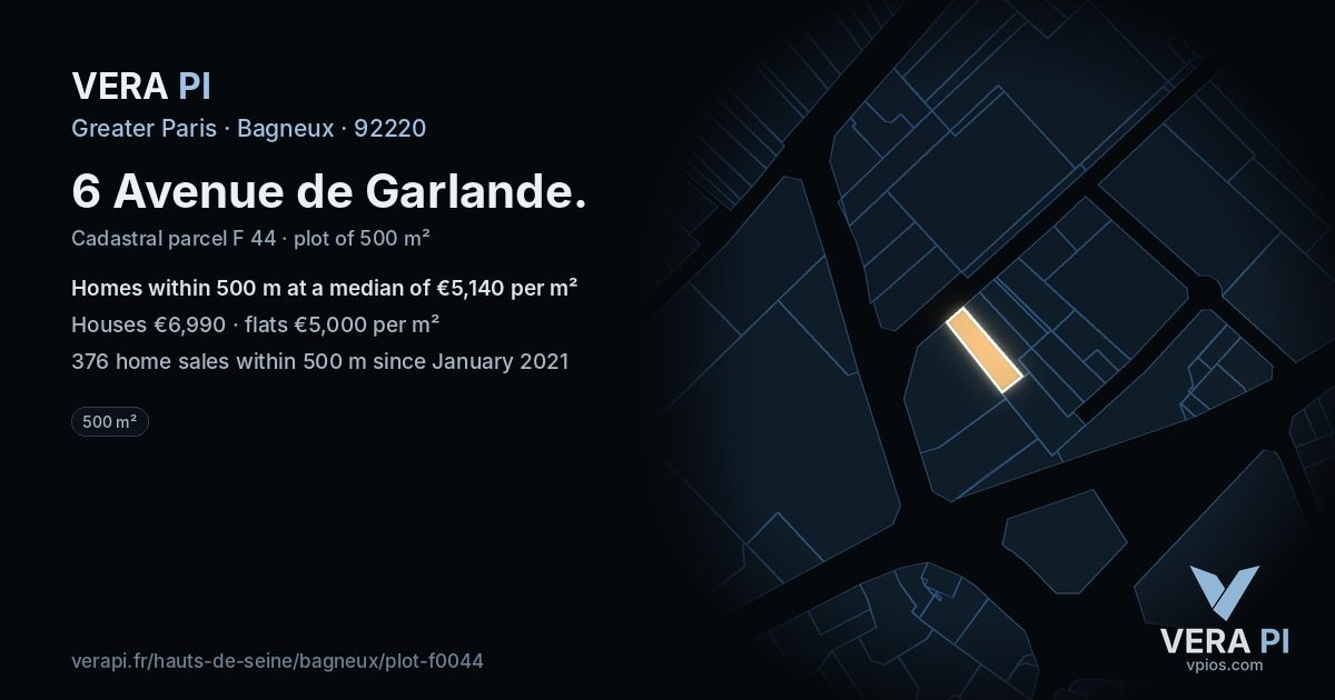 6 Avenue de Garlande, Bagneux at night – the plot lit, the parcels around coloured by the prices near them