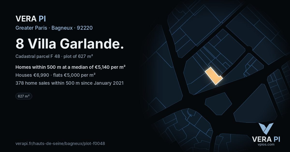 8 Villa Garlande, Bagneux at night – the plot lit, the parcels around coloured by the prices near them