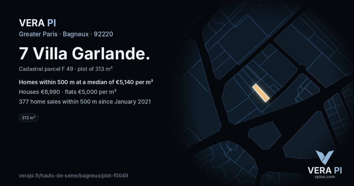 7 Villa Garlande, Bagneux at night – the plot lit, the parcels around coloured by the prices near them