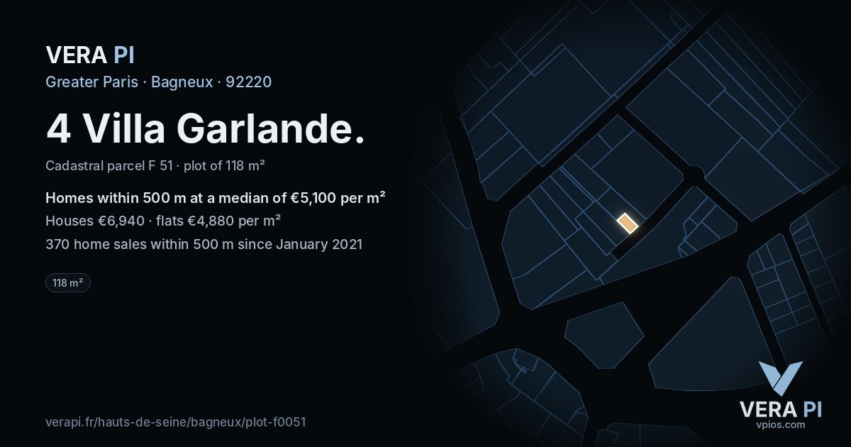 4 Villa Garlande, Bagneux at night – the plot lit, the parcels around coloured by the prices near them