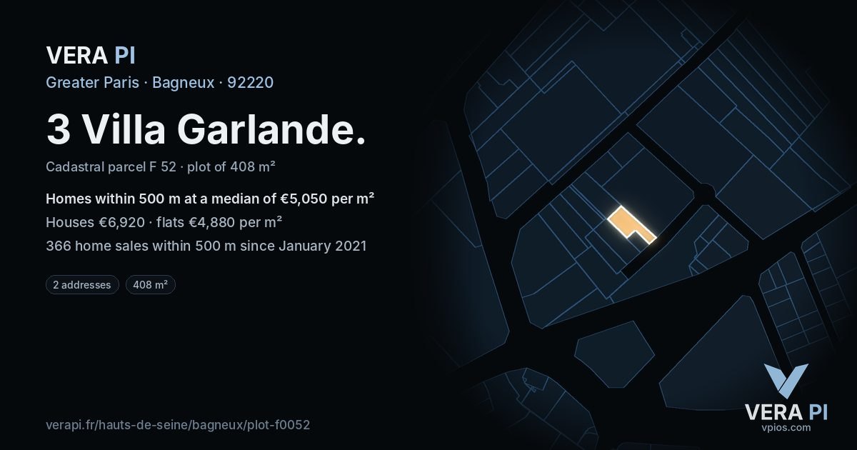 3 Villa Garlande, Bagneux at night – the plot lit, the parcels around coloured by the prices near them