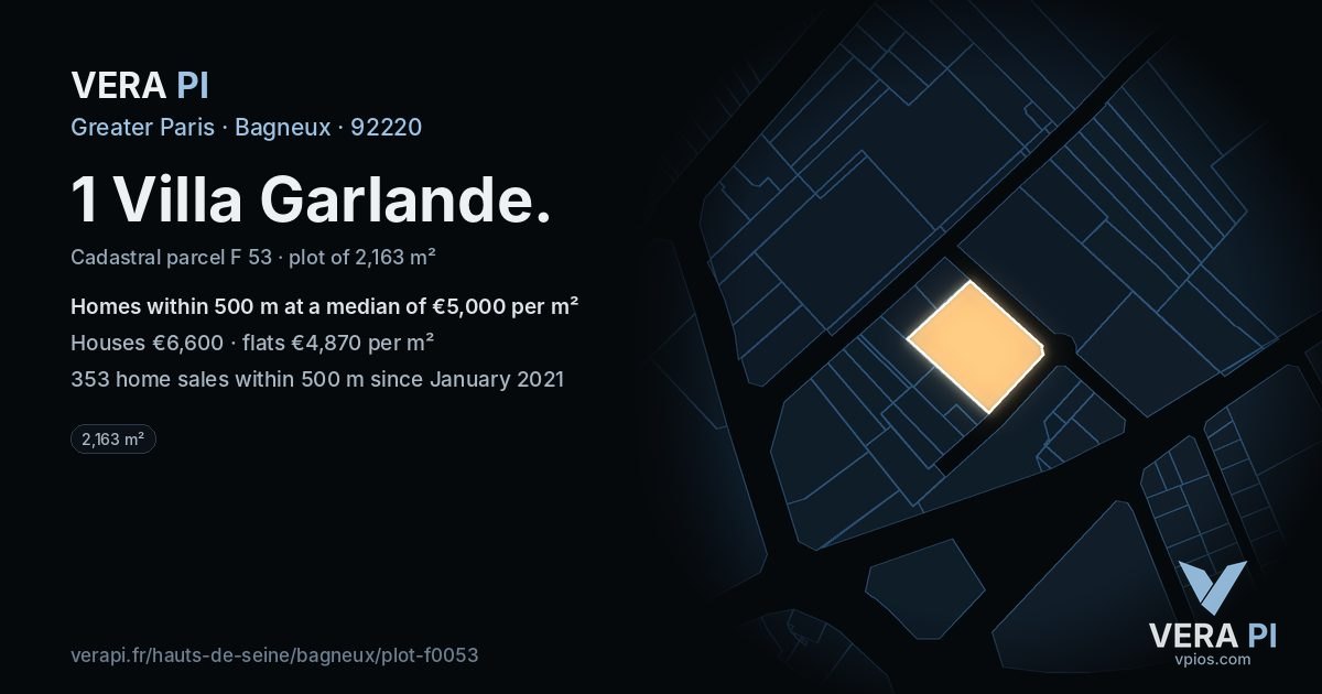 1 Villa Garlande, Bagneux at night – the plot lit, the parcels around coloured by the prices near them