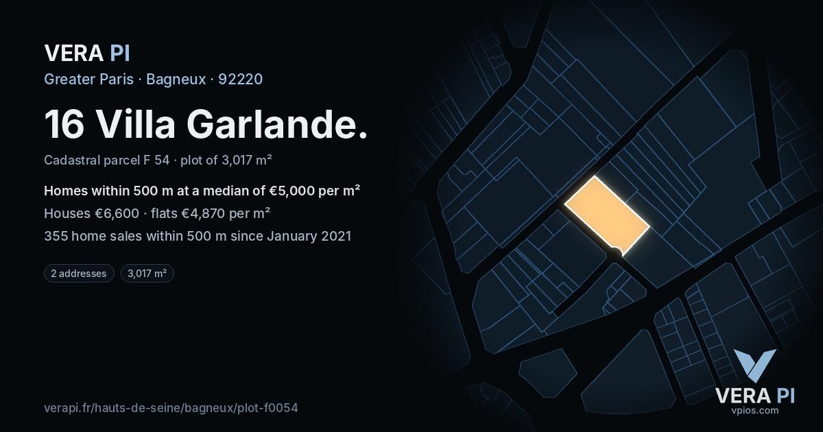 16 Villa Garlande, Bagneux at night – the plot lit, the parcels around coloured by the prices near them