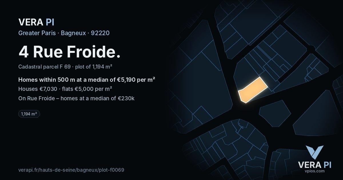 4 Rue Froide, Bagneux at night – the plot lit, the parcels around coloured by the prices near them