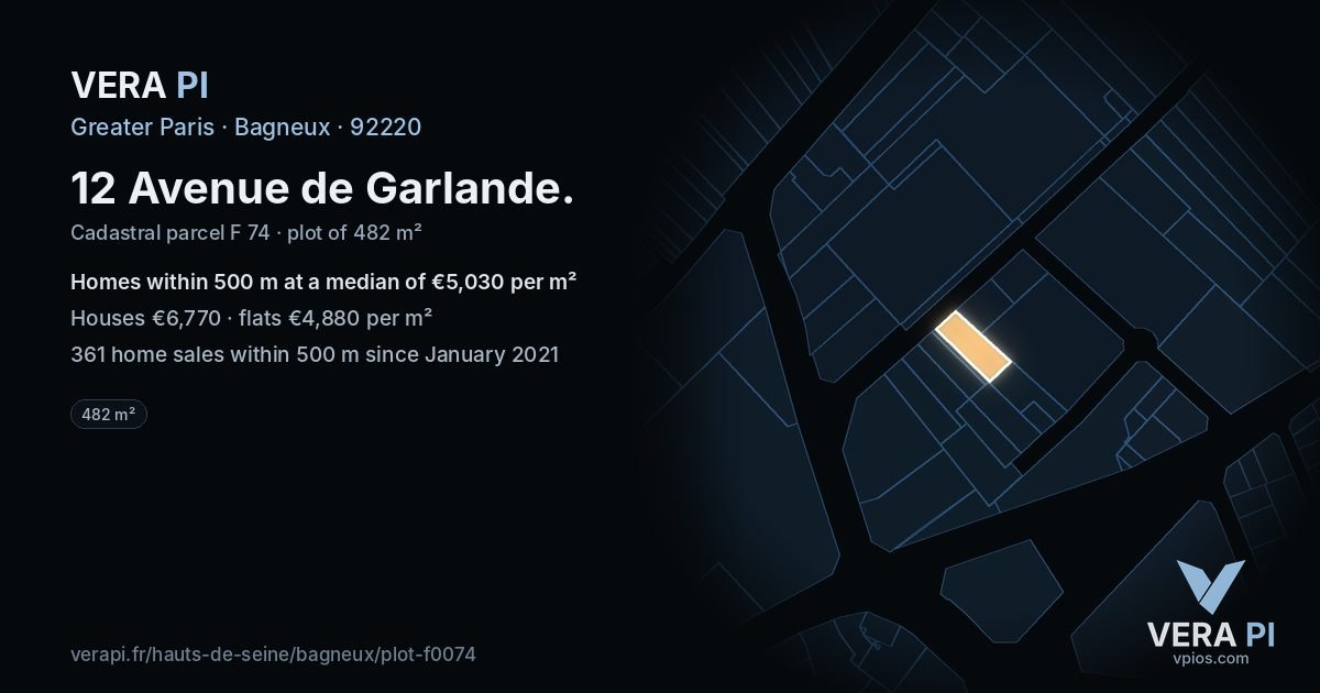 12 Avenue de Garlande, Bagneux at night – the plot lit, the parcels around coloured by the prices near them