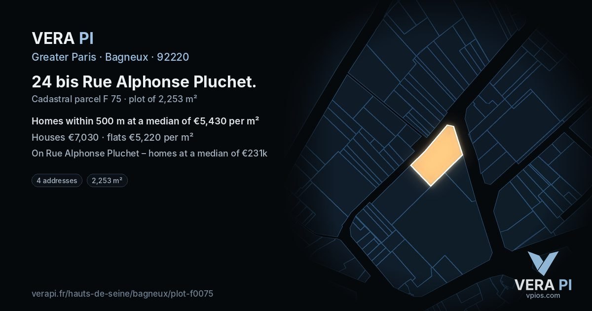 24 bis Rue Alphonse Pluchet, Bagneux at night – the plot lit, the parcels around coloured by the prices near them