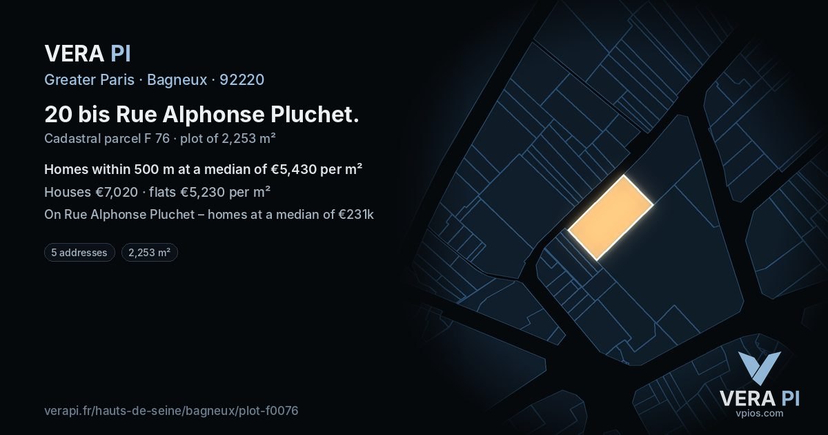 20 bis Rue Alphonse Pluchet, Bagneux at night – the plot lit, the parcels around coloured by the prices near them