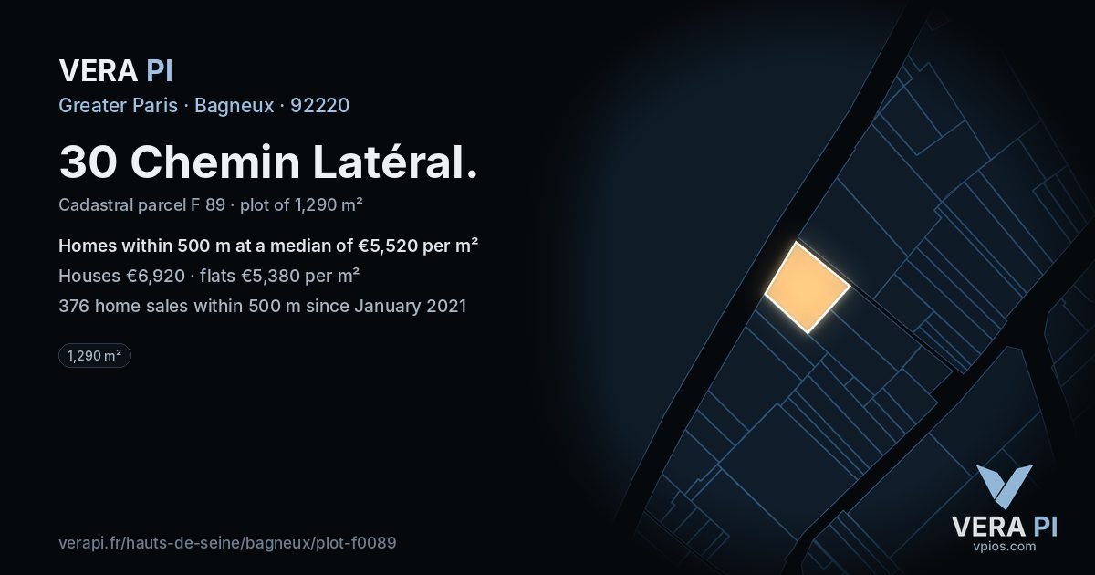 30 Chemin Latéral, Bagneux at night – the plot lit, the parcels around coloured by the prices near them