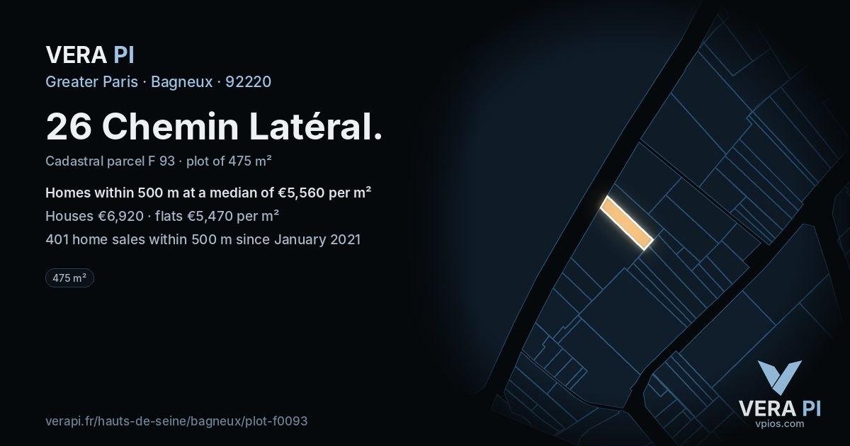 26 Chemin Latéral, Bagneux at night – the plot lit, the parcels around coloured by the prices near them