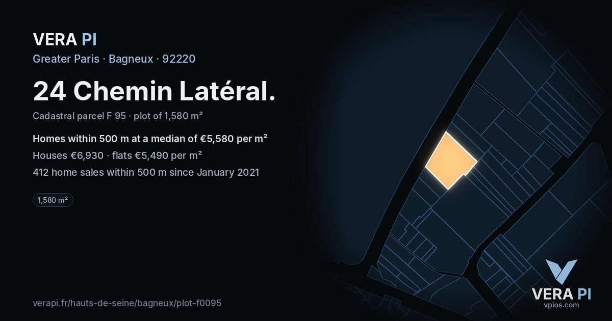 24 Chemin Latéral, Bagneux at night – the plot lit, the parcels around coloured by the prices near them