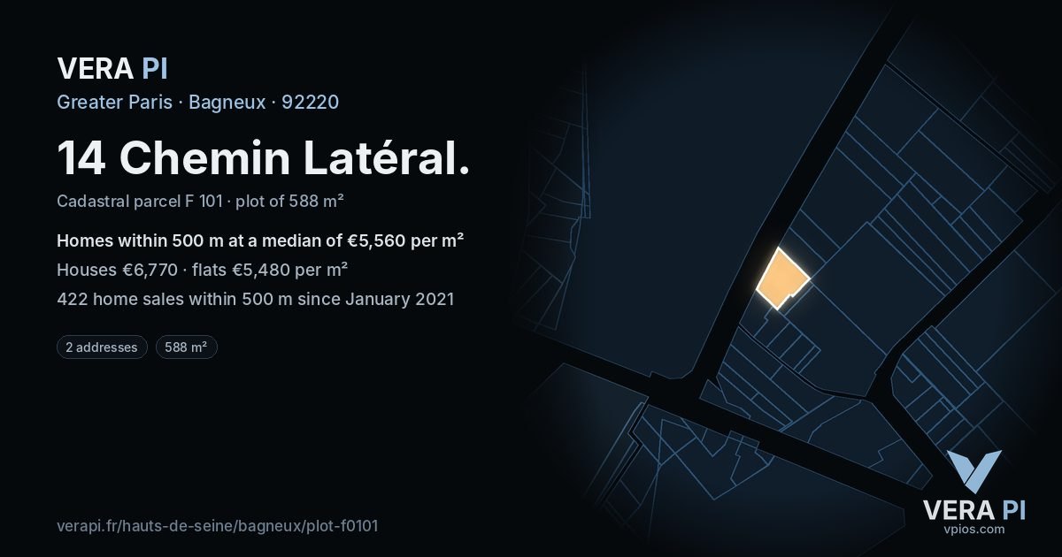 14 Chemin Latéral, Bagneux at night – the plot lit, the parcels around coloured by the prices near them