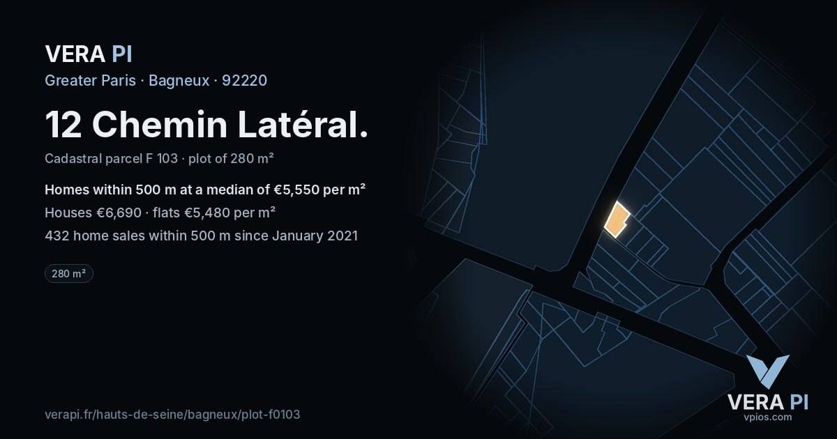 12 Chemin Latéral, Bagneux at night – the plot lit, the parcels around coloured by the prices near them