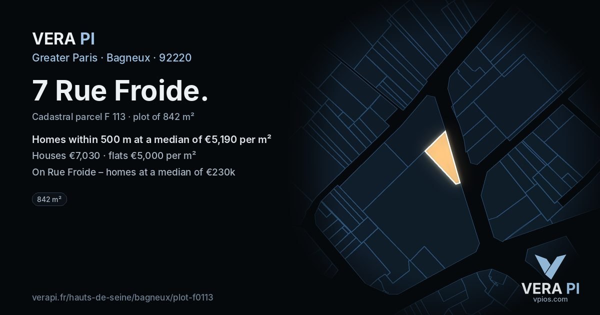 7 Rue Froide, Bagneux at night – the plot lit, the parcels around coloured by the prices near them