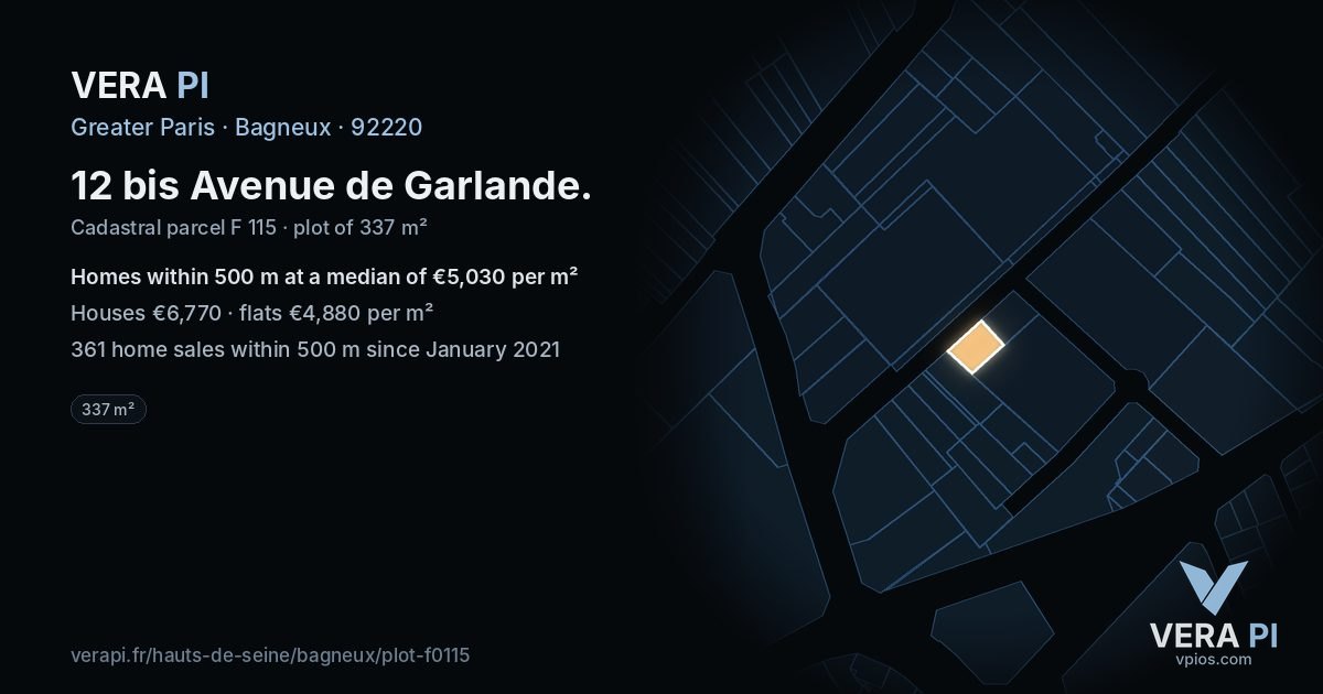 12 bis Avenue de Garlande, Bagneux at night – the plot lit, the parcels around coloured by the prices near them