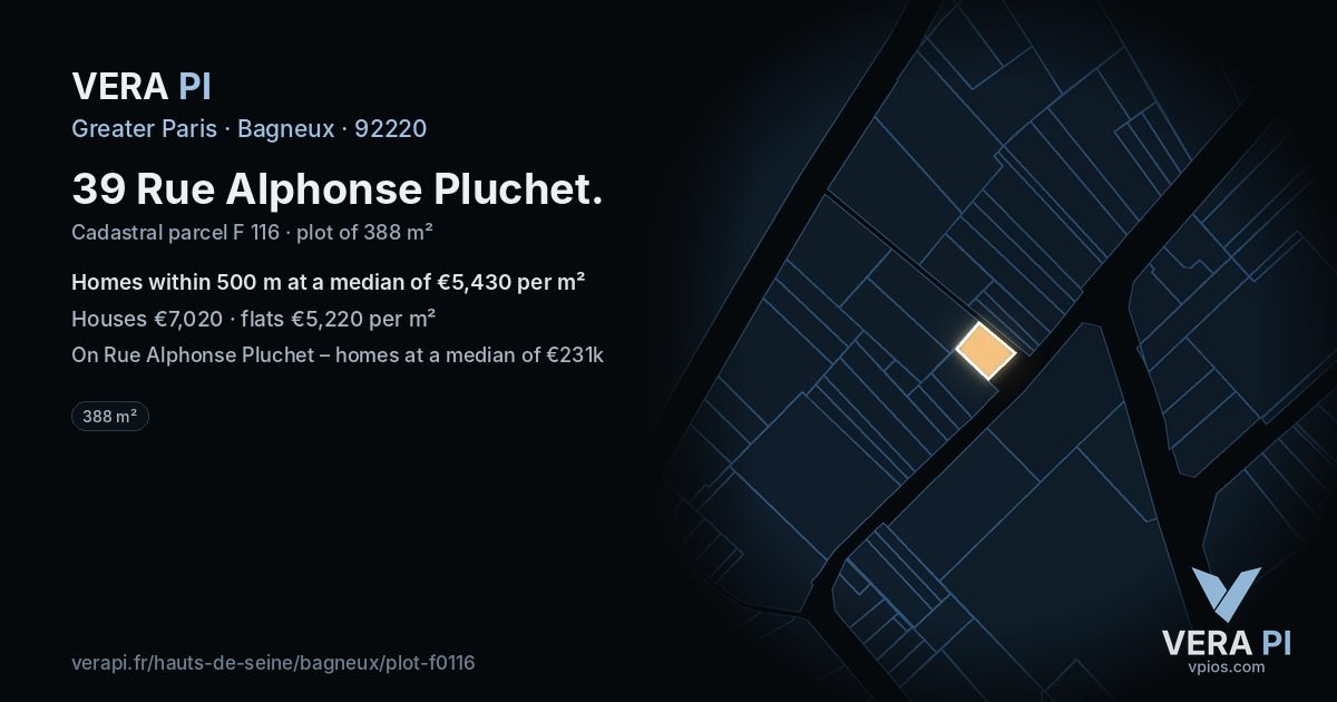 39 Rue Alphonse Pluchet, Bagneux at night – the plot lit, the parcels around coloured by the prices near them